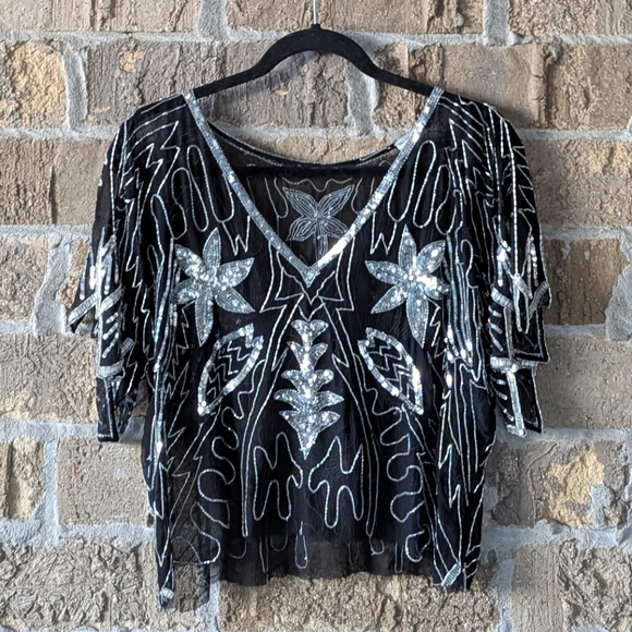 Vintage 80s Silver Beaded V Neck Sequin Top Sheer Raw Hem - Picture 1 of 8